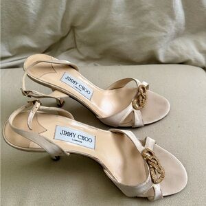 Jimmy Choo Beige and Gold Heeled Sandals. Size 38.5/8.5